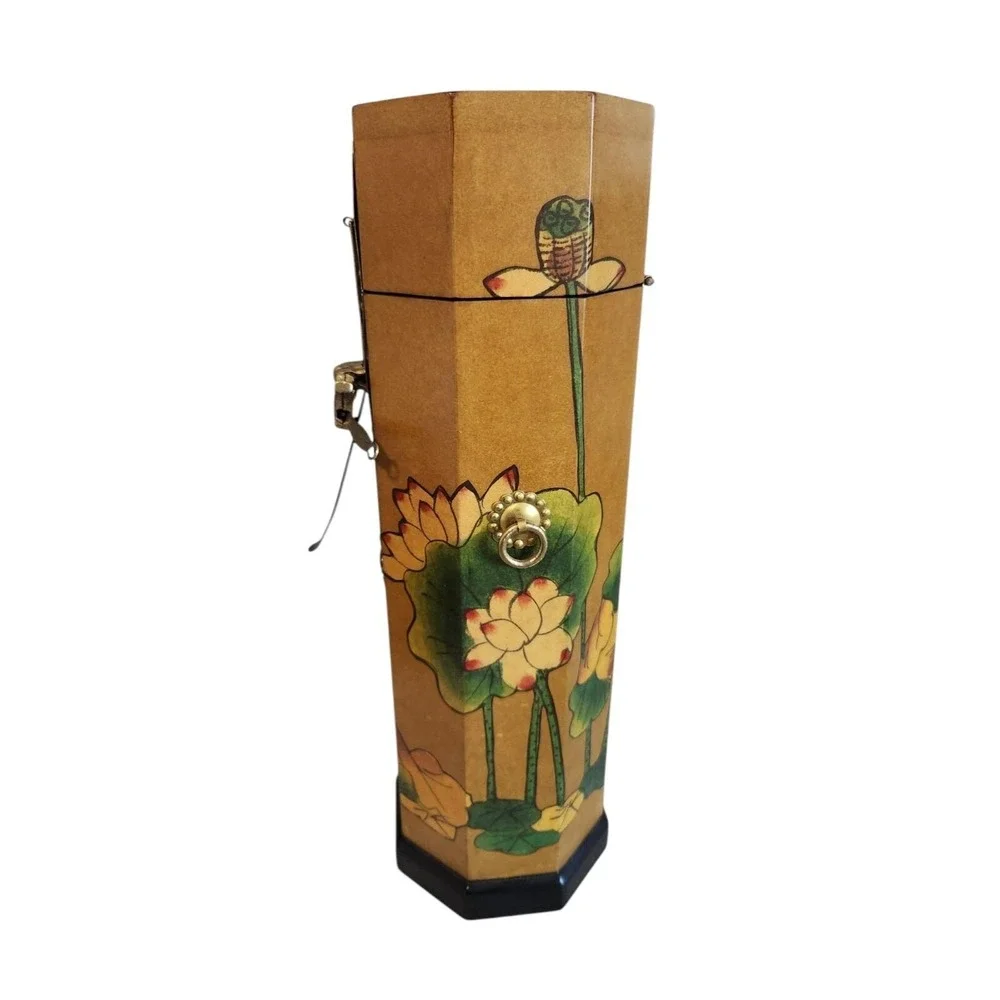 Asian Wood Tower Oriental Box Brass Fish w/ Key MCM Vintage Handpainted Flowers‎